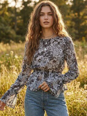 Topshop 8 Top Blue White Floral Sheer Bell Sleeve Romantic Goth Moody Y2K Fairy